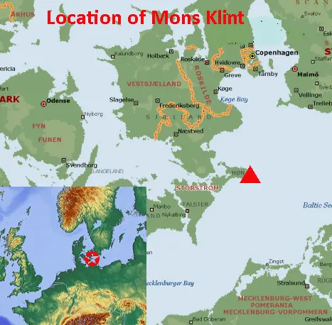 Map showing the location of Denmark's Mons Klint UNESCO World Heritage Site