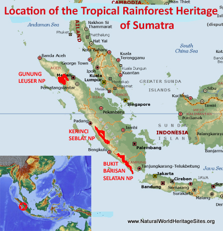 Map showing the location of Tropical Rainforest Heritage of Sumatra world heritage site in Indonesia