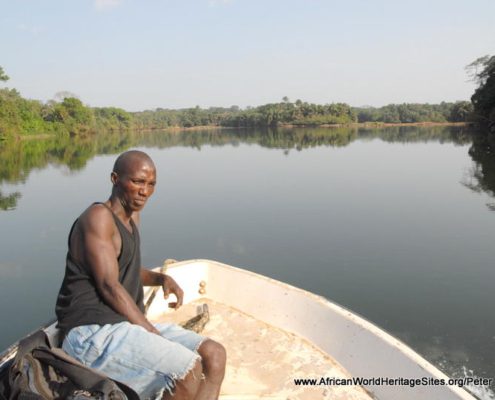 Crossing the Moa River to Tiwai Island in the Gola-Tiwai Complex UNESCO world heritage site in Sierra Leone, West Africa