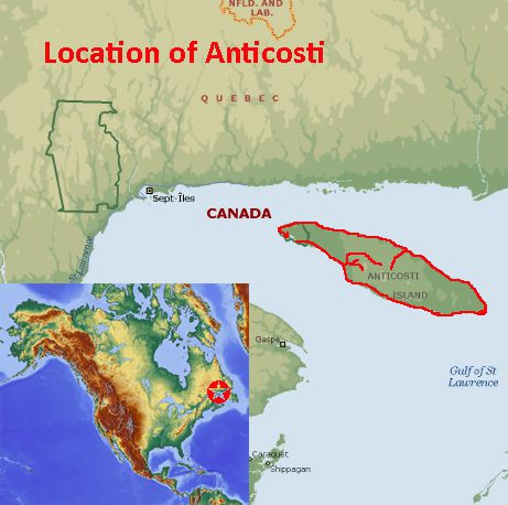 Map showing the location of Anticosti Island UNESCO world heritage site in Canada