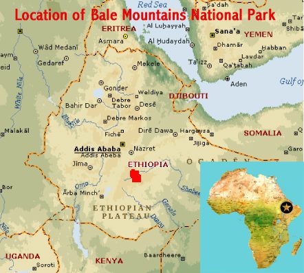 Map showing the location of Bale Mountains National Park UNESCO world heritage site in Ethiopia
