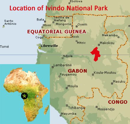 Map showing the location of Ivindo National Park UNESCO world heritage site in Gabon, Africa