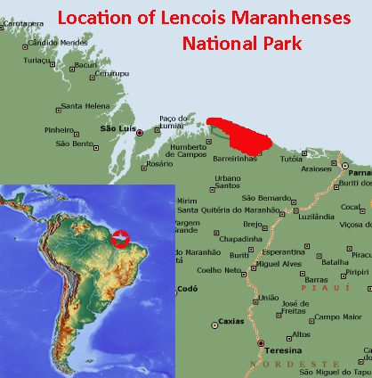 Map showing the location of Lençóis Maranhenses National Park UNESCO world heritage site in Brazil