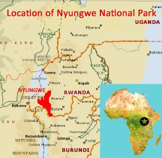 Map showing the location of Nyungwe National Park UNESCO world heritage site in Rwanda, Africa