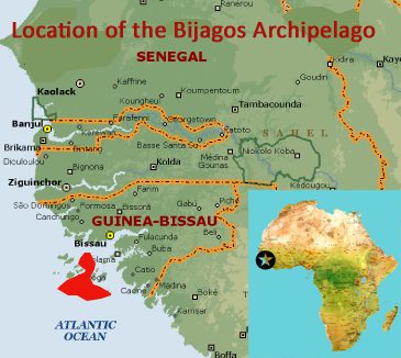 Map showing the location of the Bijagós Archipelago UNESCO world heritage site in Guinea-Bissau, West Africa Map showing the location of the Bijagós Archipelago UNESCO world heritage site in Guinea-Bissau, West Africa