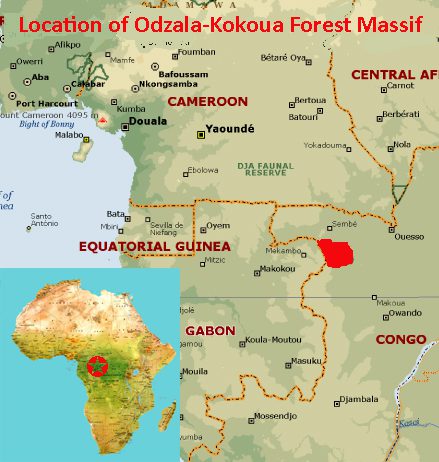 Map showing the location of the Forest Massif of Odzala-Kokoua UNESCO world heritage site in Congo, Africa