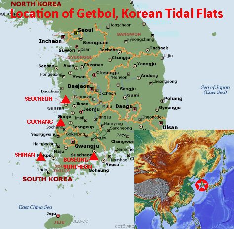 Map showing the location of the Getbol, Korean Tidal Flats UNESCO world heritage site in the Republic of Korea