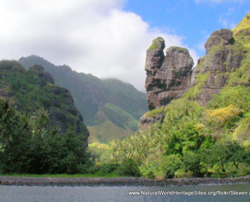Rugged coastline and forests of the Te Henua Enata - Marquesas Islands UNESCO world heritage site in French Polynesia
