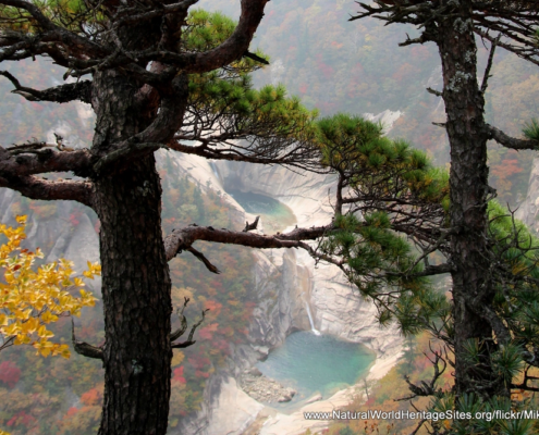 Distant views of some of the spectacular cascades and blue rock pools that characterize the Mount Kumgang UNESCO world heritage site in the Democratic People’s Republic of Korea