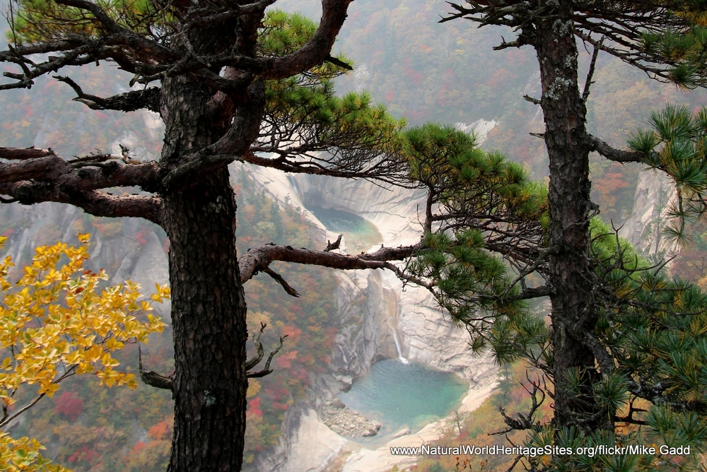 Distant views of some of the spectacular cascades and blue rock pools that characterize the Mount Kumgang UNESCO world heritage site in the Democratic People’s Republic of Korea