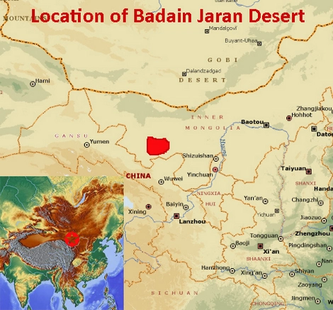 Map showing the location of the Badain Jaran Desert UNESCO world heritage site in China Map showing the location of the Badain Jaran Desert UNESCO world heritage site in China