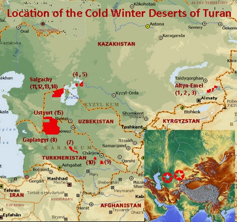 Map showing the location of the Cold Winter Deserts of Turan UNESCO world heritage site in Kazakhstan, Turkmenistan and Uzbekistan