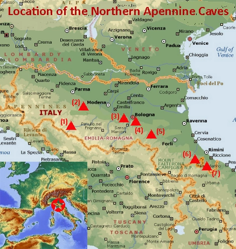 Map showing the location of the Evaporitic Karst and Caves of Northern Apennines UNESCO world heritage site in Italy