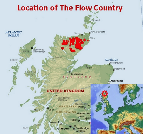 Map showing the location of The Flow Country UNESCO world heritage site in Scotland, United Kingdom Map showing the location of The Flow Country UNESCO world heritage site in Scotland, United Kingdom