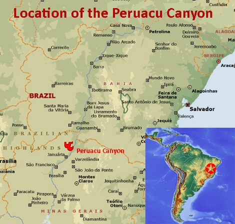 Map showing the location of the Peruaçu River Canyon UNESCO world heritage site in Brazil Map showing the location of the Peruaçu River Canyon UNESCO world heritage site in Brazil