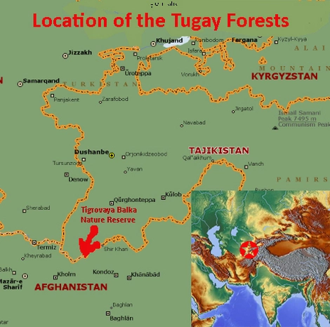Map showing the location of the Tugay forests of the Tigrovaya Balka Nature Reserve UNESCO world heritage site in Tajikistan, Central Asia