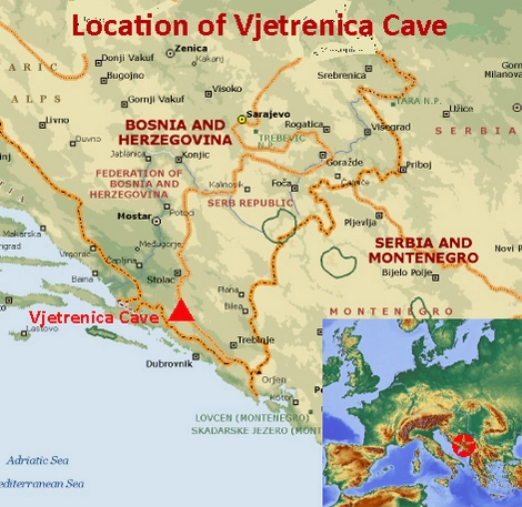 Map showing the location of the Vjetrenica Cave, Ravno a UNESCO world heritage site in Bosnia and Herzegovina