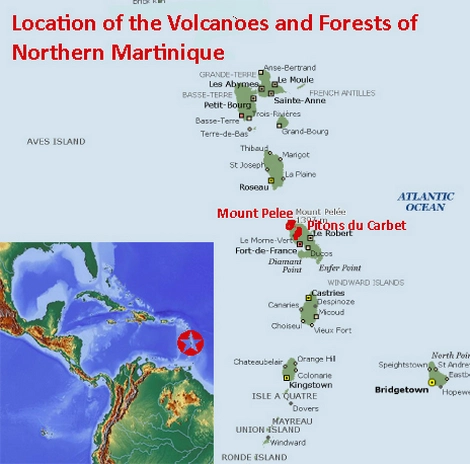 Map showing the location of the Volcanoes and Forests of Mount Pelée and the Pitons of Northern Martinique UNESCO world heritage site in the French Carribean Island of the Lesser Antilles