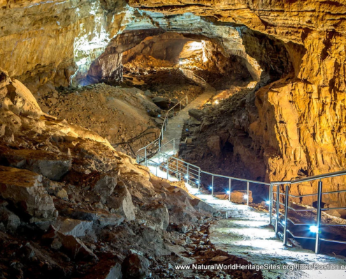 Path and lighting providing visitor access to the Vjetrenica Cave, Ravno a UNESCO world heritage site in Bosnia and Herzegovina