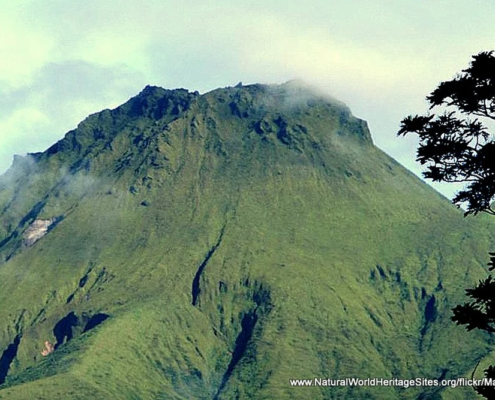 The summit of Mount Pelee in the Volcanoes and Forests of Mount Pelée and the Pitons of Northern Martinique UNESCO world heritage site in the French Carribean Island of the Lesser Antilles