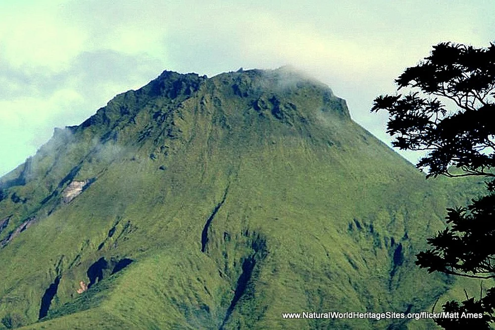 The summit of Mount Pelee in the Volcanoes and Forests of Mount Pelée and the Pitons of Northern Martinique UNESCO world heritage site in the French Carribean Island of the Lesser Antilles
